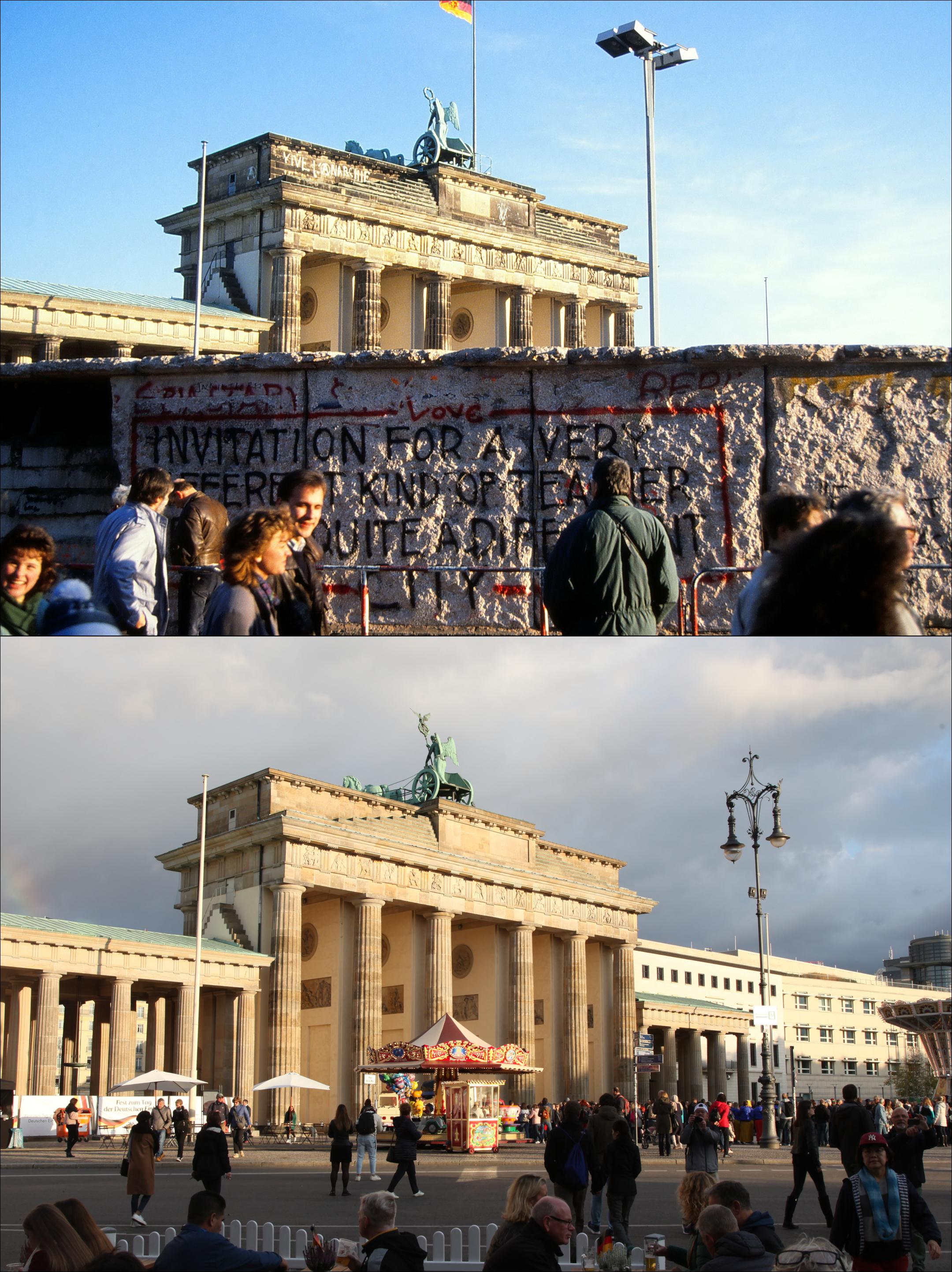 Berlin Wall at Brandenburg Gate, before & after fall