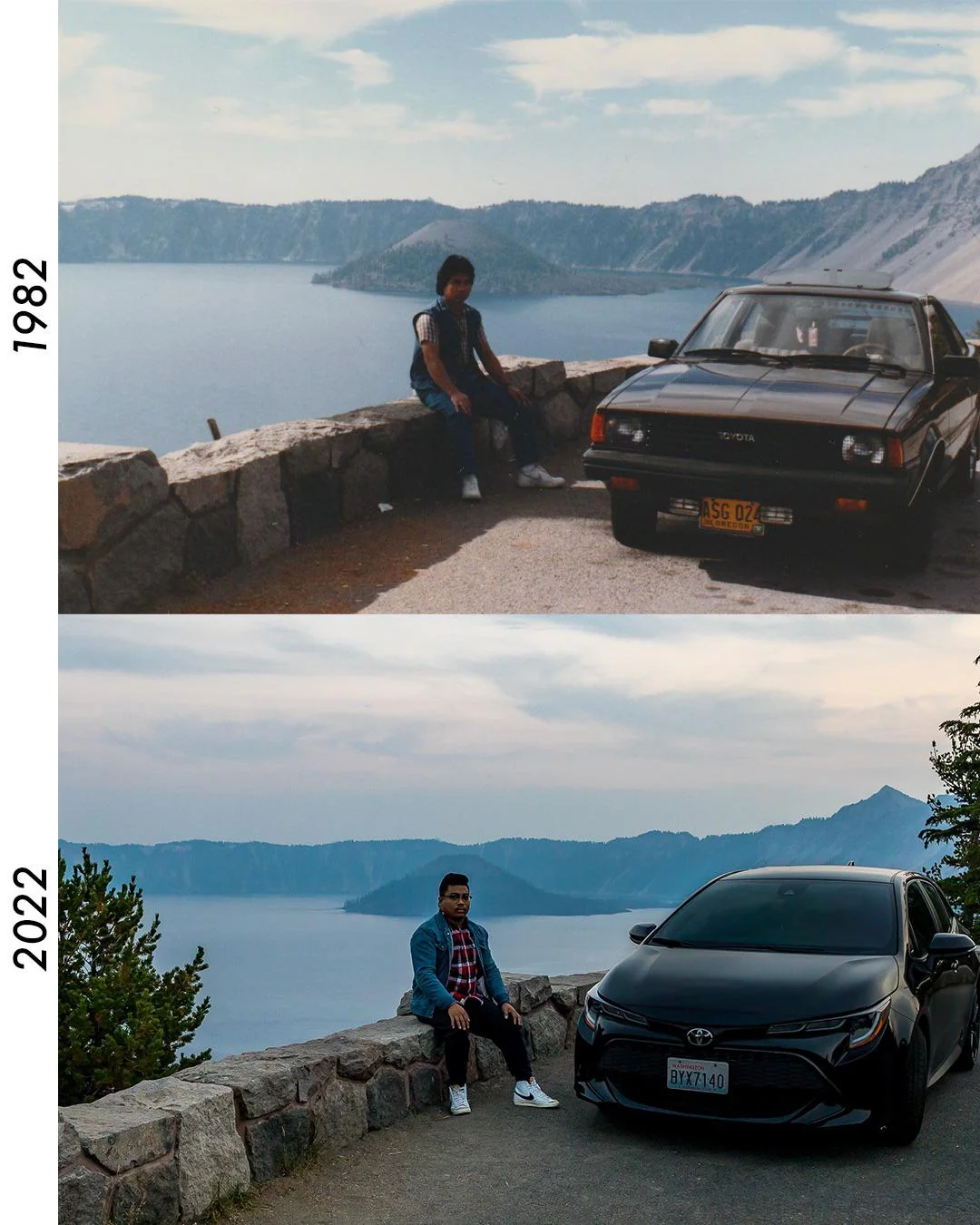 Father & son at Crater Lake, 1982 vs 2022