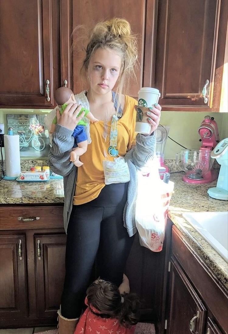 Teen Dressed as a Burnt-Out Mom with Babies