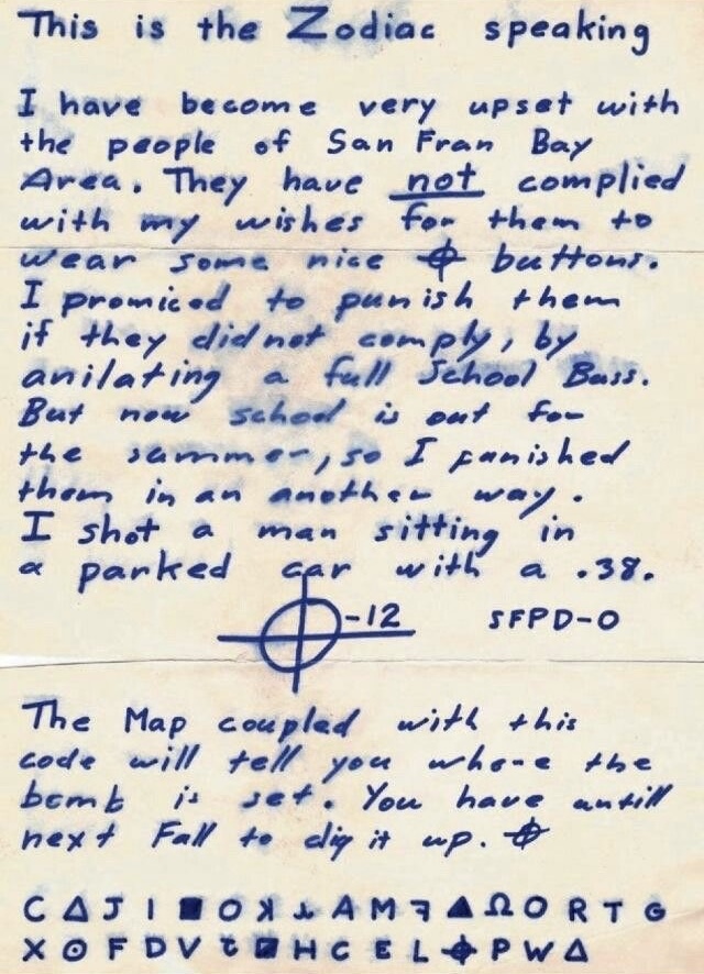 The Killer Speaks: First Letters and a Cipher