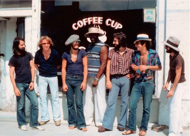 Bruce and the E Street Band outside a Jersey coffee shop in 1975.