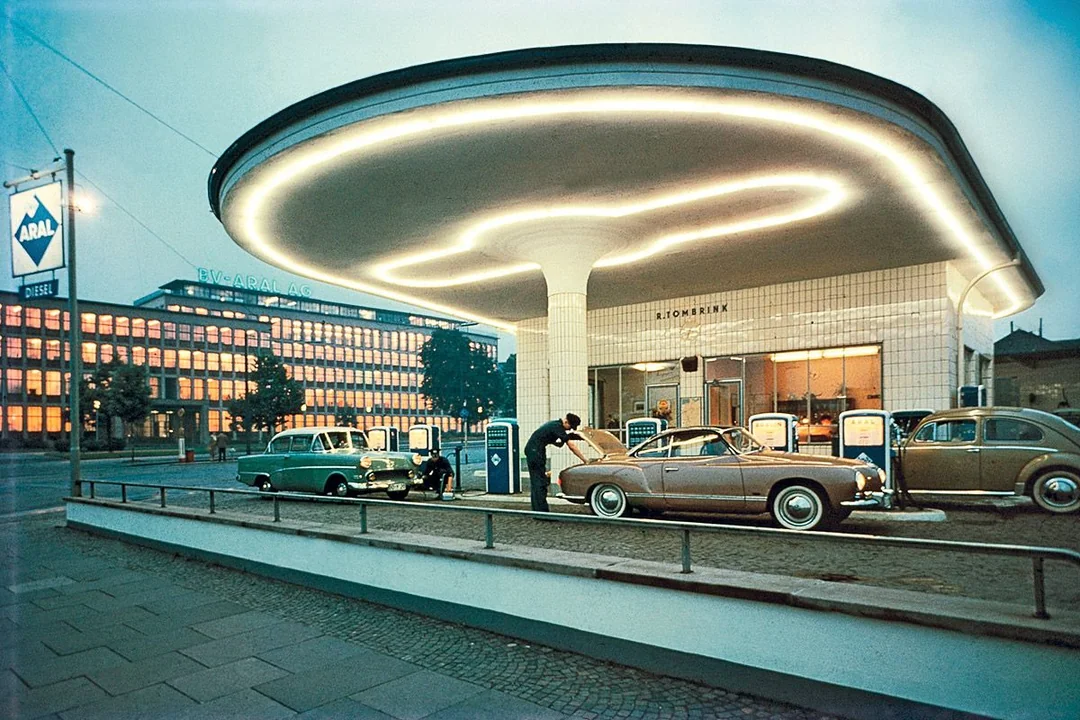 Mid-century gas stations often had a futuristic design to them.