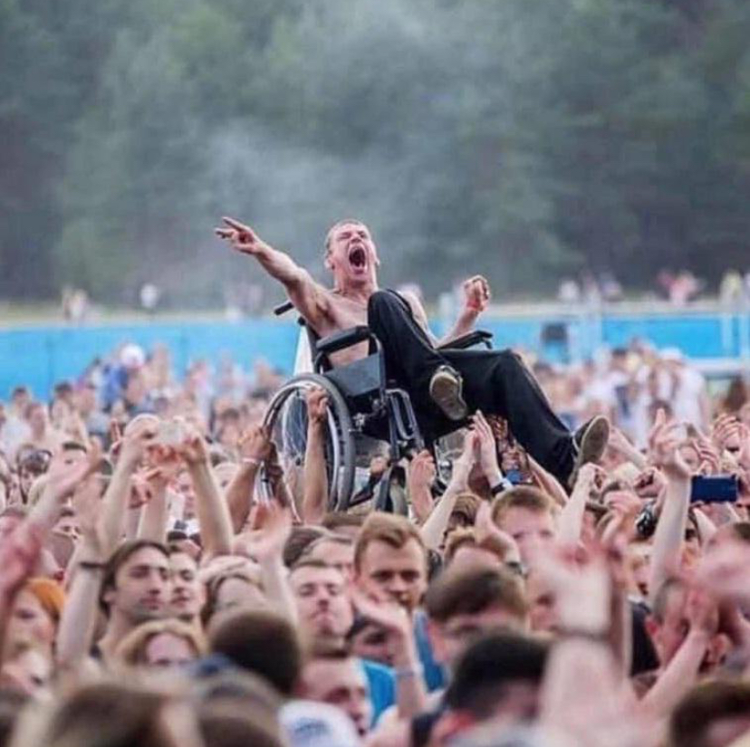 Wheelchair? Yes. Crowd-Surfing? ALSO YES.