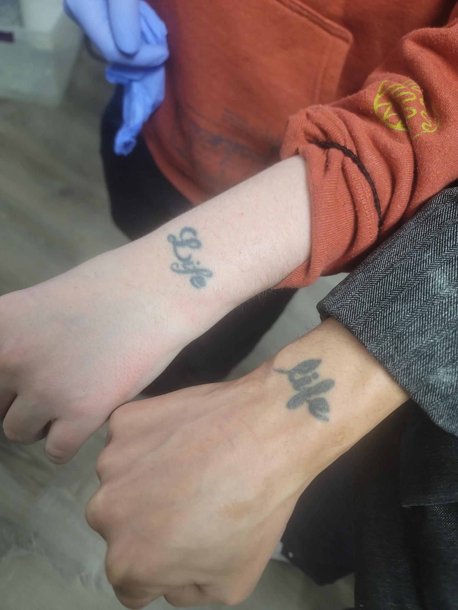 Two strangers realizing they have the exact same tattoo.