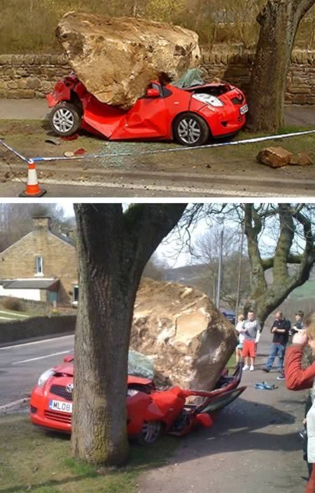 Car Crushed by Boulder