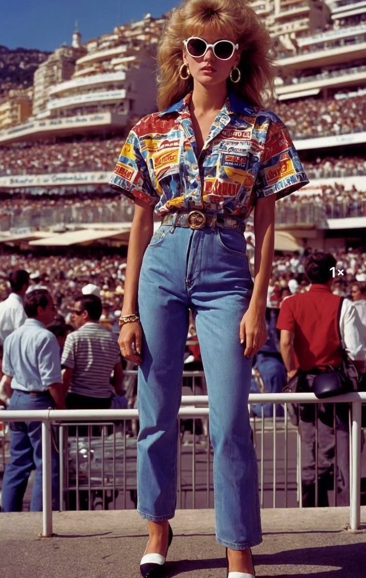 High Jeans, Big Belt, Pattern Shirt, Killer Shades