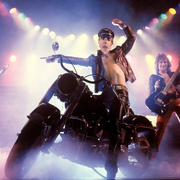 Rob Halford of Judas Priest with a Motorbike on Stage
