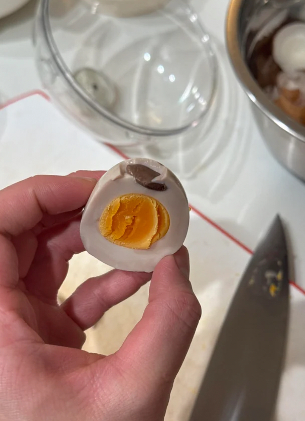 “—What is this brown thing in the egg? Feels firm. Too scared to eat it.”