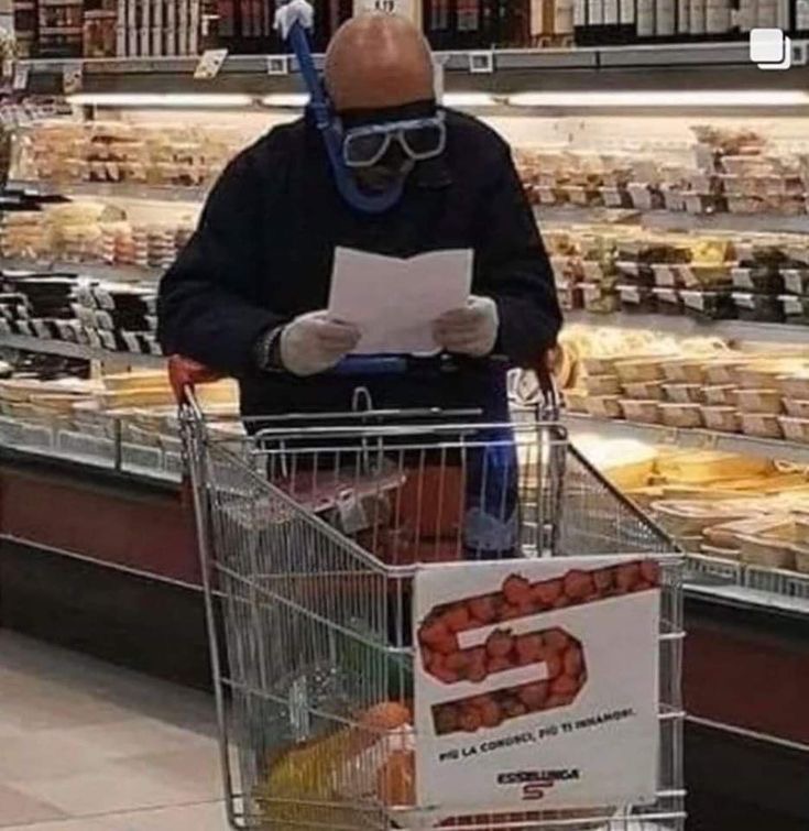Man in a Diving Mask at the Grocery Store