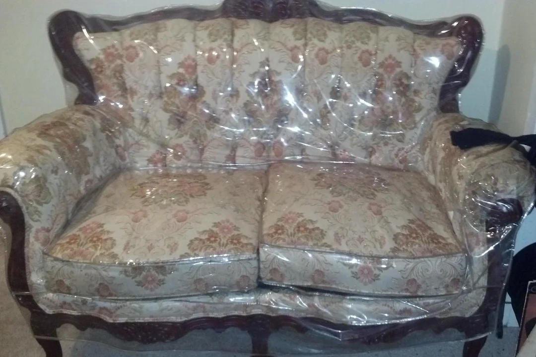 Plastic wrapped couch