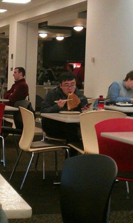 Guy Eating Pizza with Chopsticks