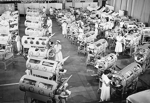 Polio ward with iron lungs, 1950s