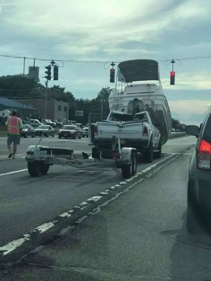 Truck carrying a boat