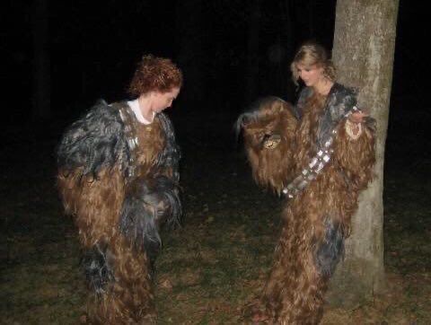 Two Girls Dressed Like Chewbacca in the Forest
