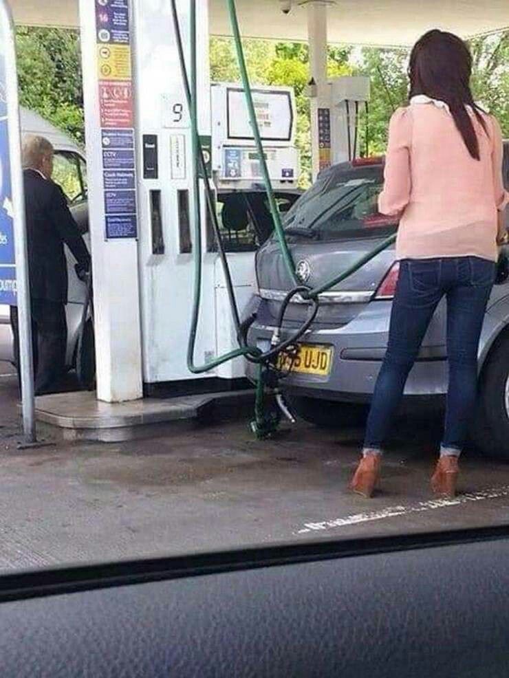 Woman Somehow Tangles Every Gas Hose