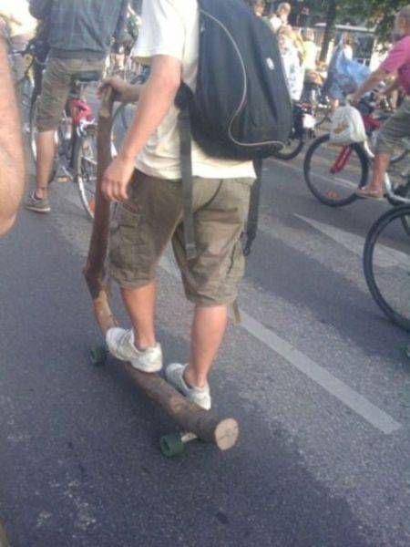 Using a Log With Wheels as a Scooter