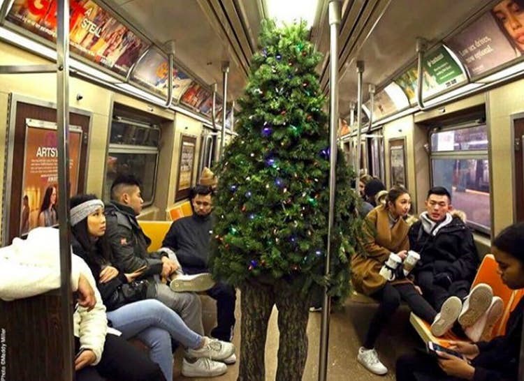Christmas subway rider