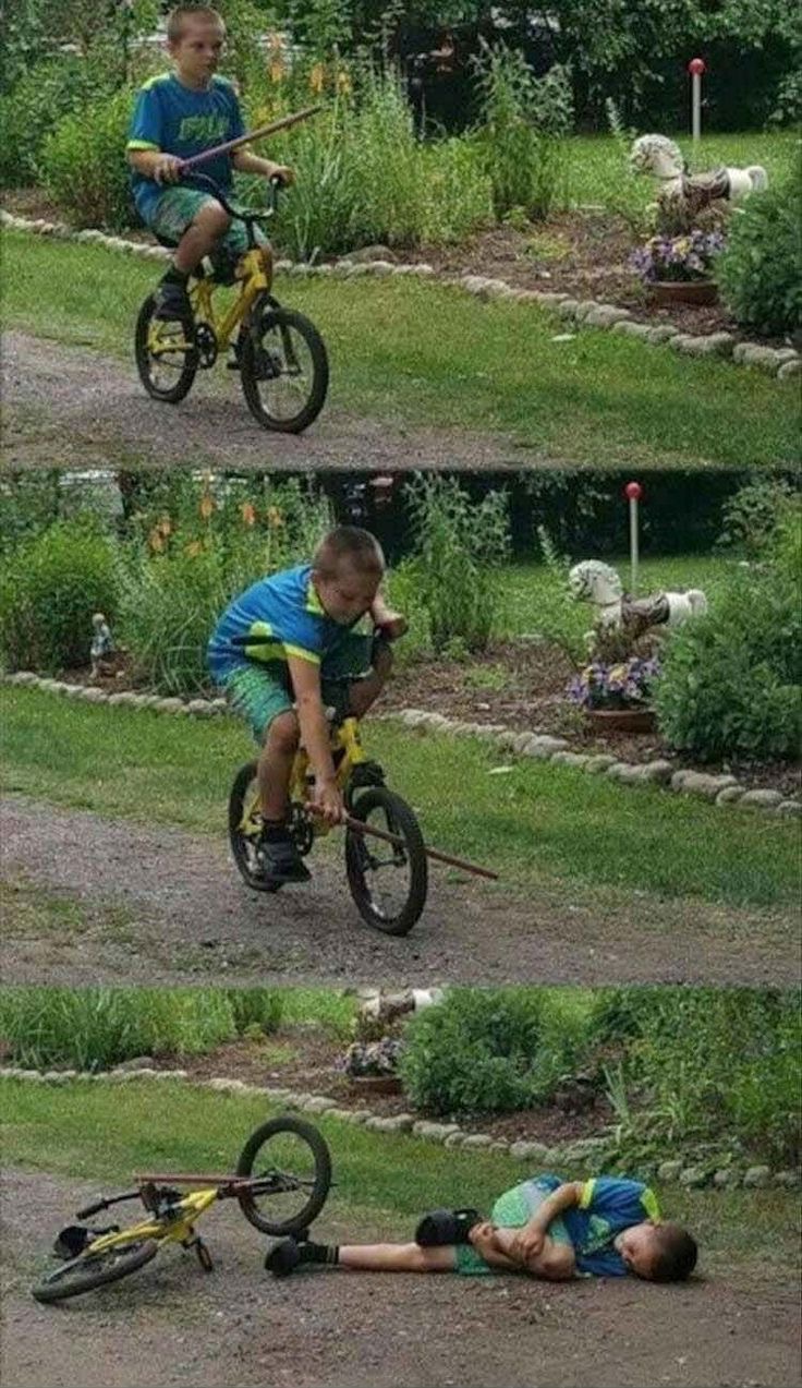 Kid Puts Wood in Bike Wheel