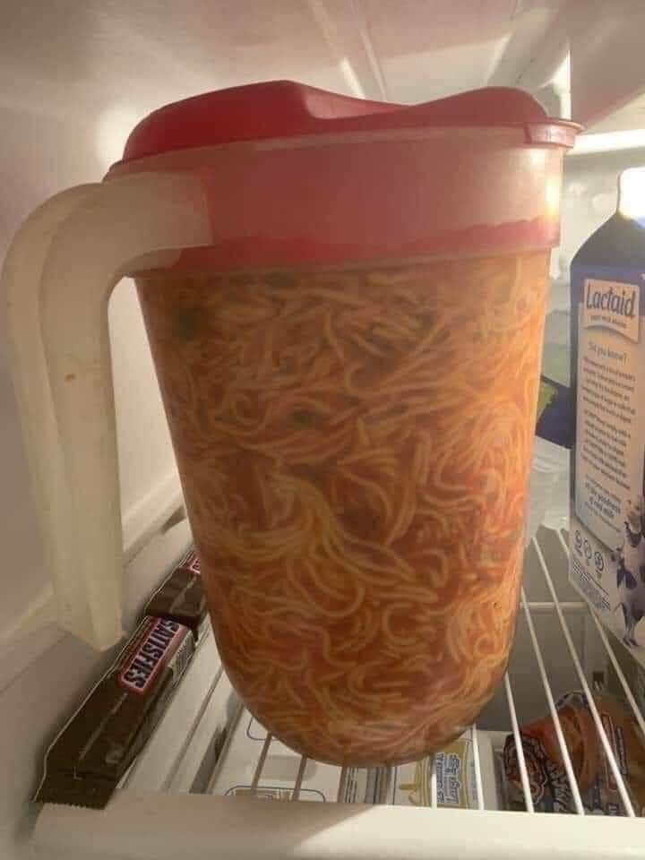 Leftover Noodles Stuffed Into a Pitcher