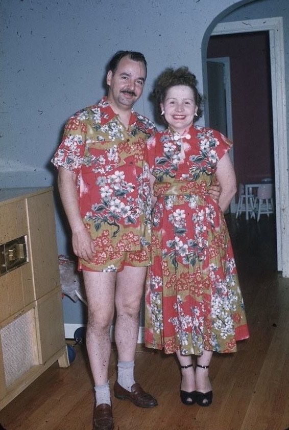 Couple Wearing Matching Hawaiian Prints