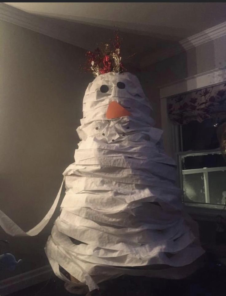Indoor Snowman Made of Toilet Paper