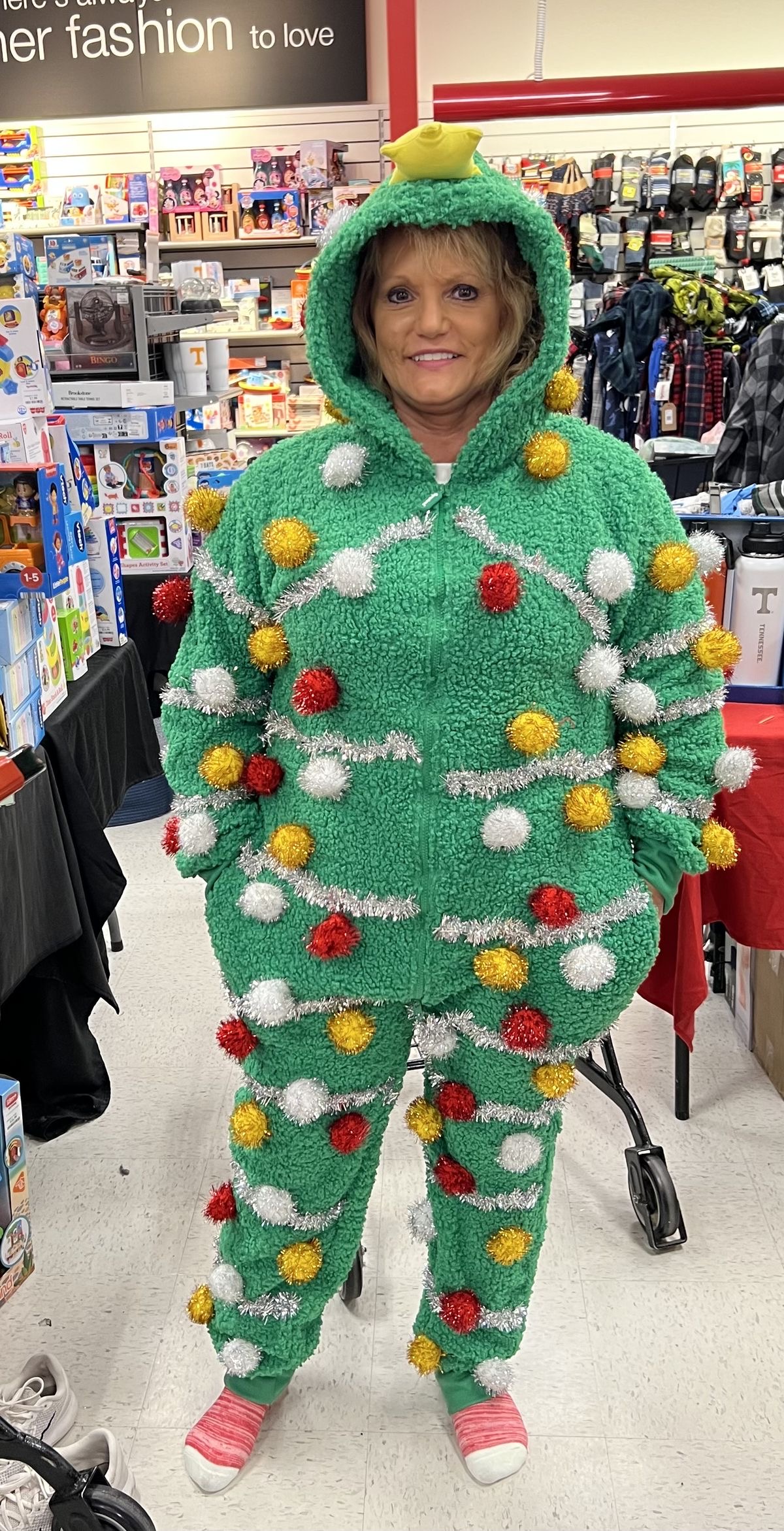 Woman Wearing a Full Christmas Tree Outfit
