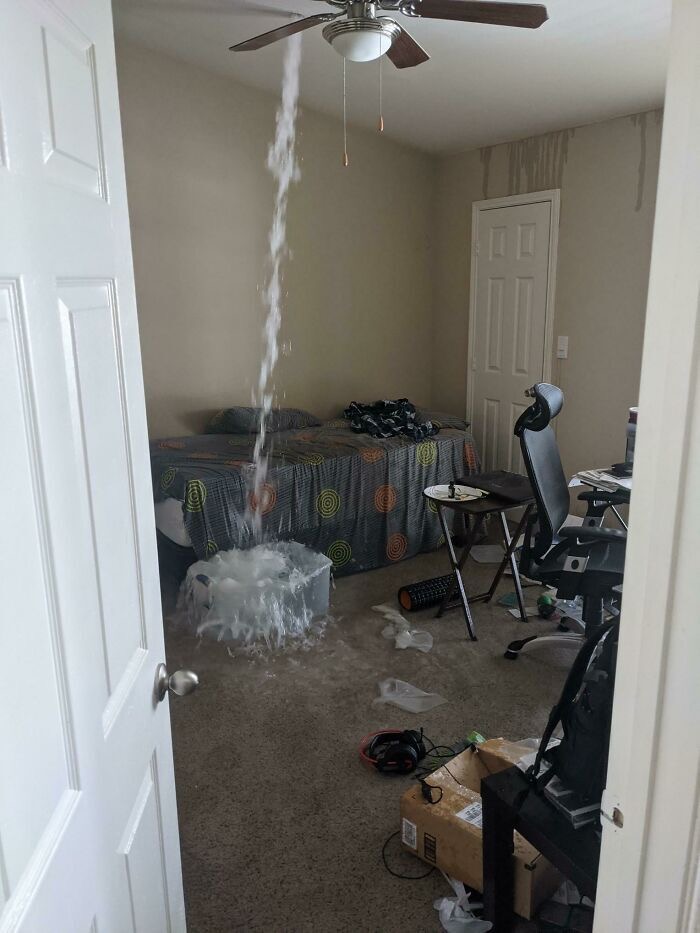 Ceiling Breaks and Water Pours Into Bedroom