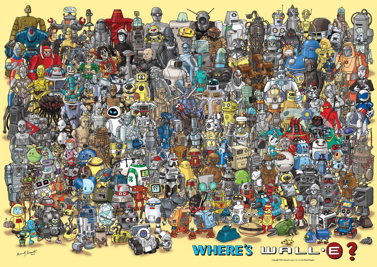 A collection of famous movie robots with a hidden Wall-E