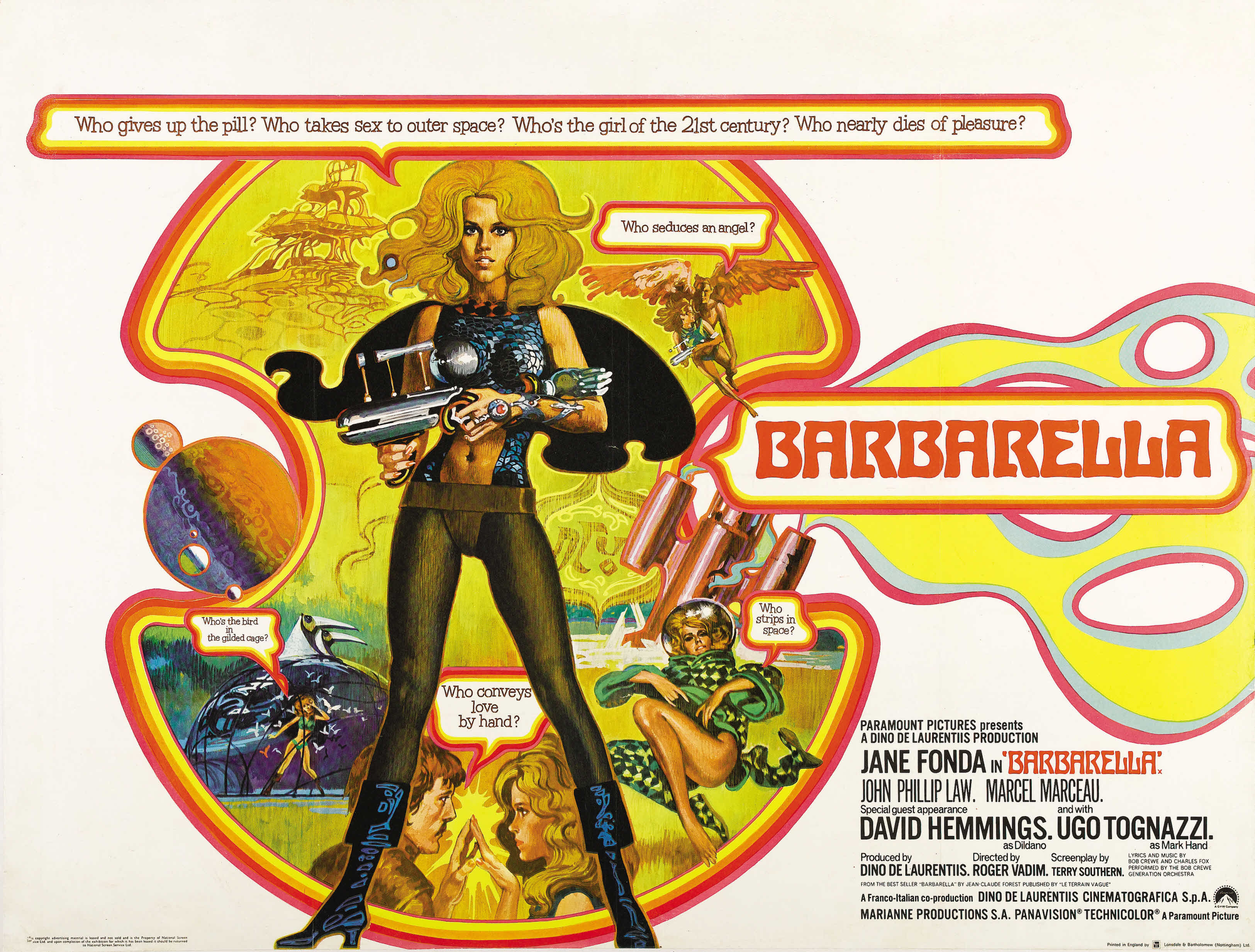 barbarella poster - Who gives up the pill? Who takes sex to outer space? Who's the girl of the 21st century? Who nearly dies of plensure? Who do no? Barbarella Who conveys by hand Paruount Pic Adino Laurentiis Production C On Jane Fonda In Barbarella Ohn 