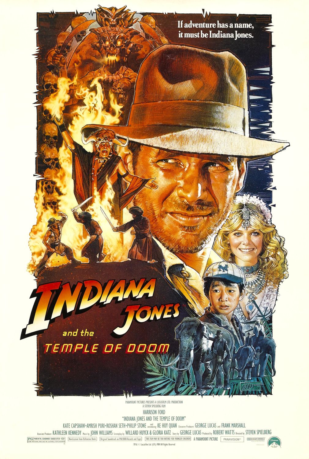 80s movie poster - If adventure has a name, it must be Indiana Jones. Widiana Vones and the Temple Of Doom Dolu Undu. L Evle