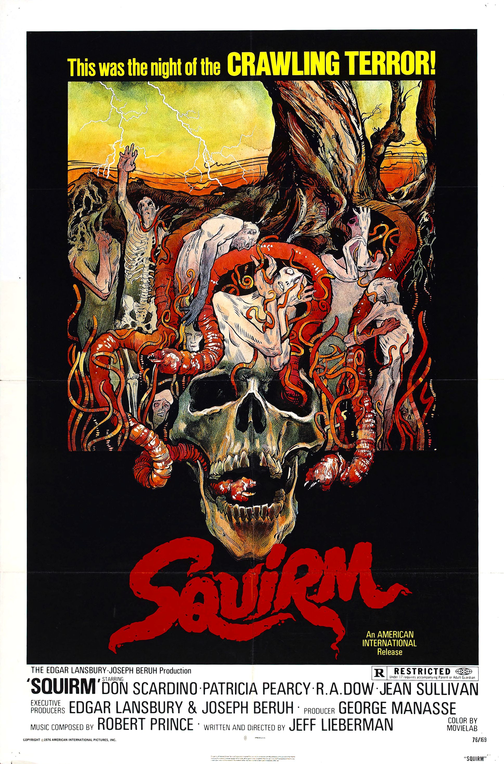 squirm poster - This was the night of the Crawling Terror! R Resthicted Squirm Don Scardino Patricia Pearcy R.Adow Ean Sullivan Edgar Lansbury & Joseph Beruh George Manasse Wisdom Robert Prince Windchde Jeff Lieberman