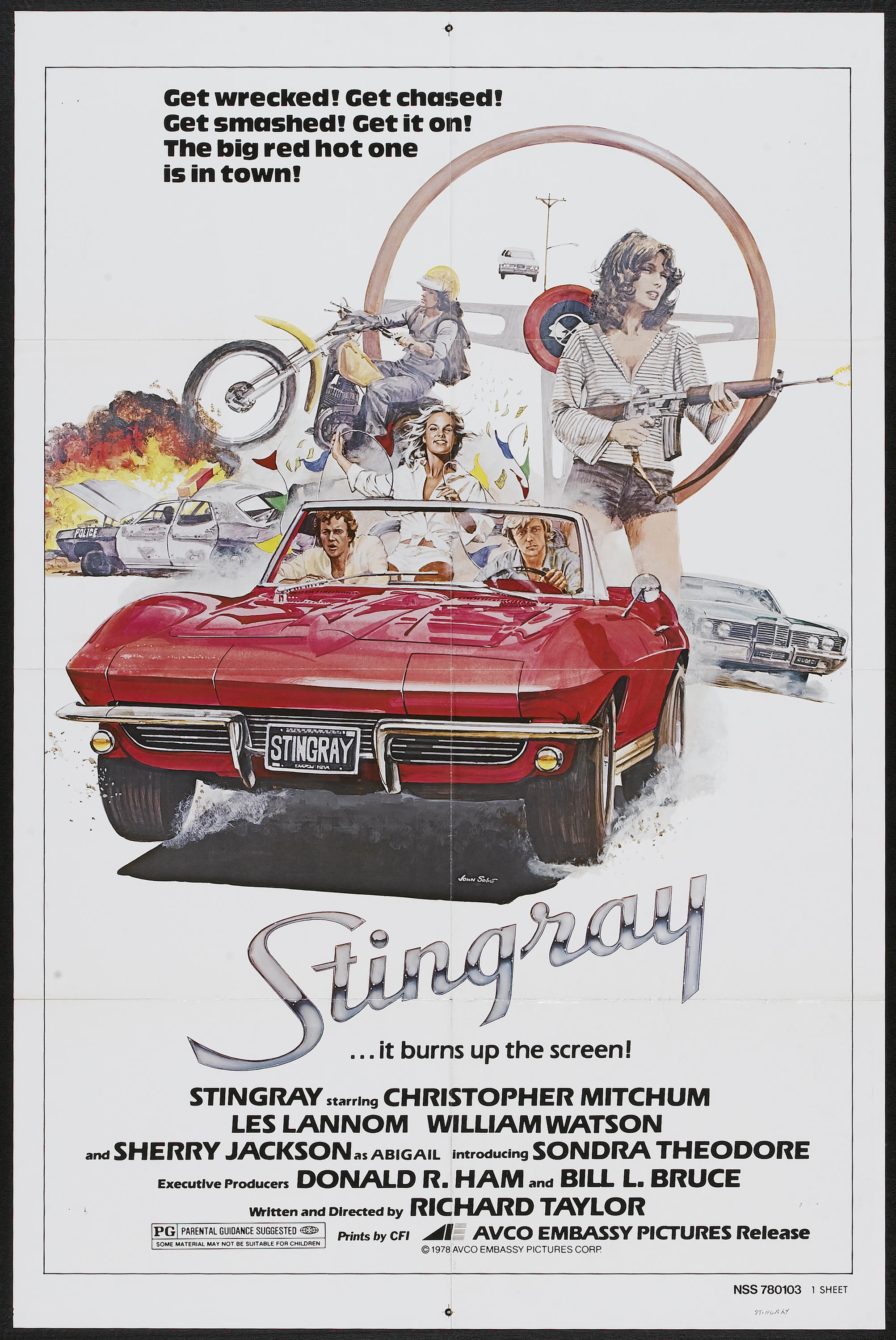 Stingray - Get wrecked! Get chased! Get smashed! Get it on! The big red hot one is in town! Story ... it burns up the screen! Stingray Christopher Mitchum Les Lannom William Watson Sherry Jackson..Angal Y Sondra Theodore E P Donald R. Ham. Bill L. Bruce w