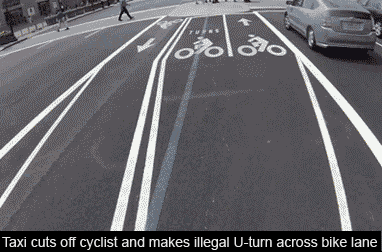 karma u turn gif - Taxi cuts off cyclist and makes illegal Uturn across bike lane