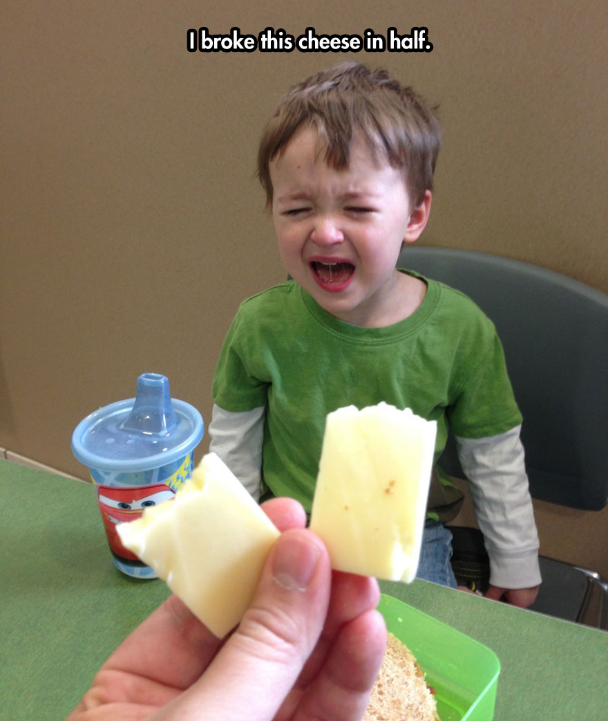 reasons my kid is crying - I broke this cheese in half.
