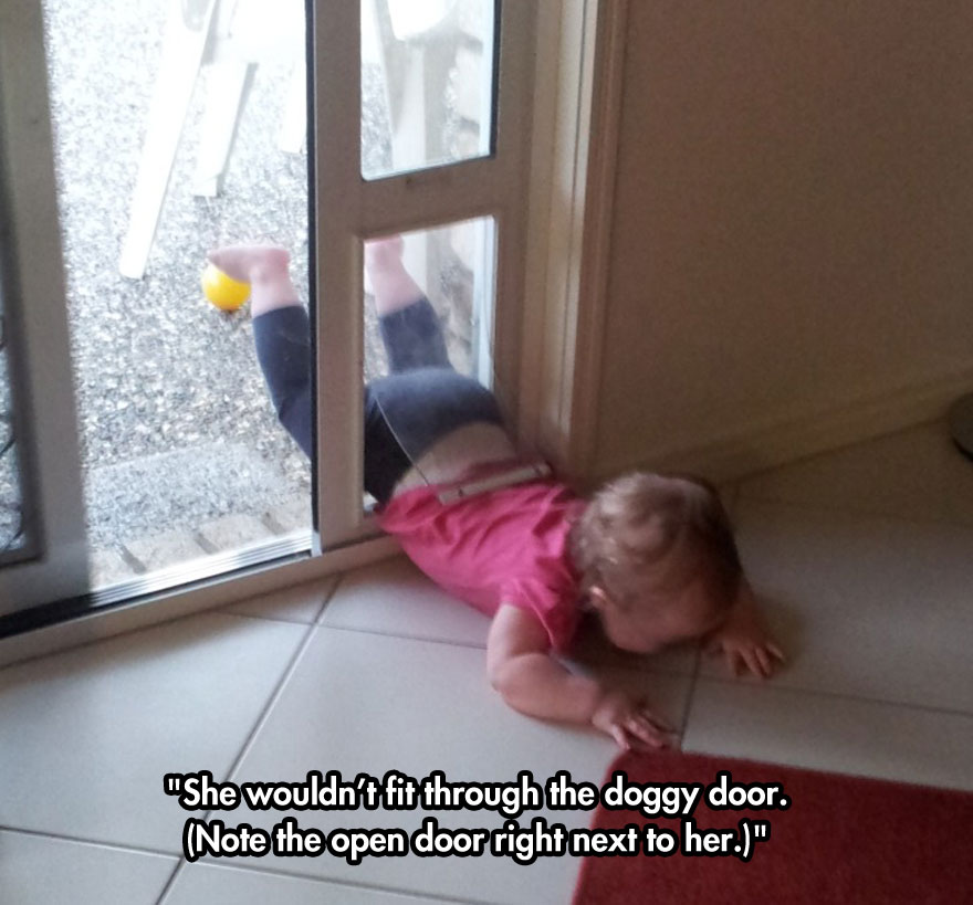 kids getting stuck - "She wouldn't fit through the doggy door. Note the open door right next to her."