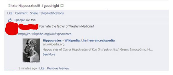 titanic stupid post - I hate Hippocrates!!! Lke Comment Stop Notifications 3 people this. You hate the father of Western Medicine? Hippocrates Wikipedia, the free encyclopedia en.wiopedia.org Hippocrates of Cos or Hippokrates of Kos hi pora bz; Greek Inno