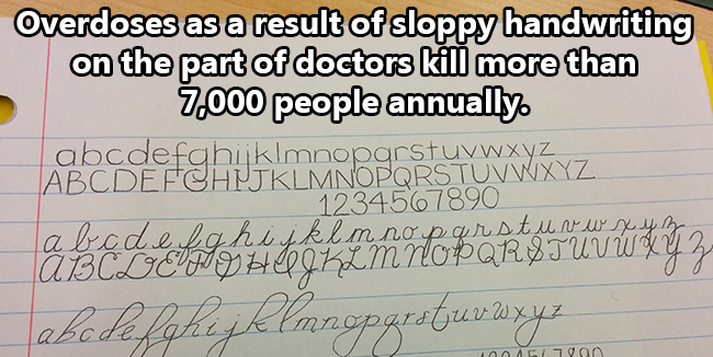 doctors bad handwriting meme - Overdoses as a result of sloppy handwriting on the part of doctors kill more than 7,000 people annually abcdefghijklmnopqrstuvwxyz Abcdefghijklmnopqrstuvwxyz 1234567890 labadelghijklmnopqrstuvwxyz A Bclicujus HOOGKLMNOPQRSTU