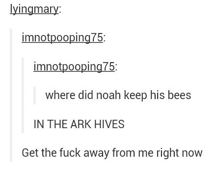 pierce the veil puns - lyingmary imnotpooping 75 imnotpooping 75 where did noah keep his bees In The Ark Hives Get the fuck away from me right now