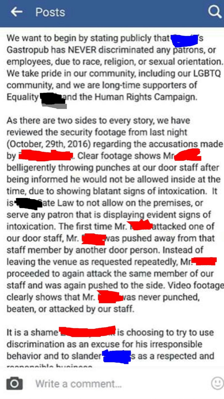 Guy Makes Facebook Post Claiming Bar Staff Beat Him Up Because He's Gay, The Bar Responds To His Bullshit