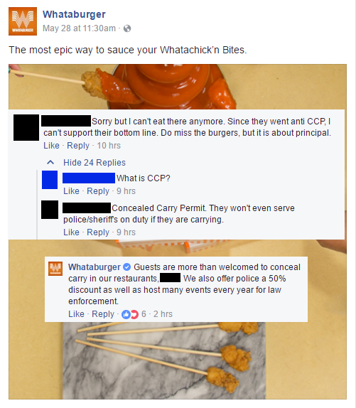 Someone complaining that they won't eat at Whattabuger anymore because of their Concealed Carry Permit ban and they go on the record to make clear they have no such ban.