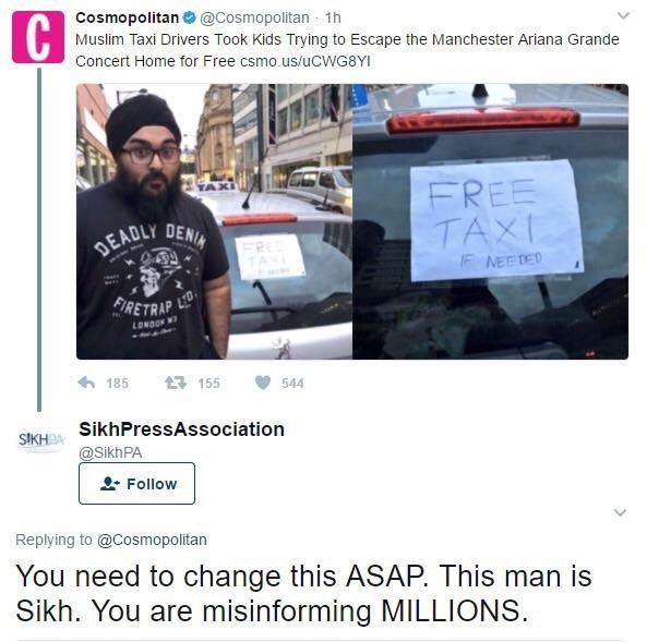 Someone went online to brag how Muslim's helped give free rides after the terrorist attack at the Ariana Grande concert and is quickly corrected that the driver is a Sikh.