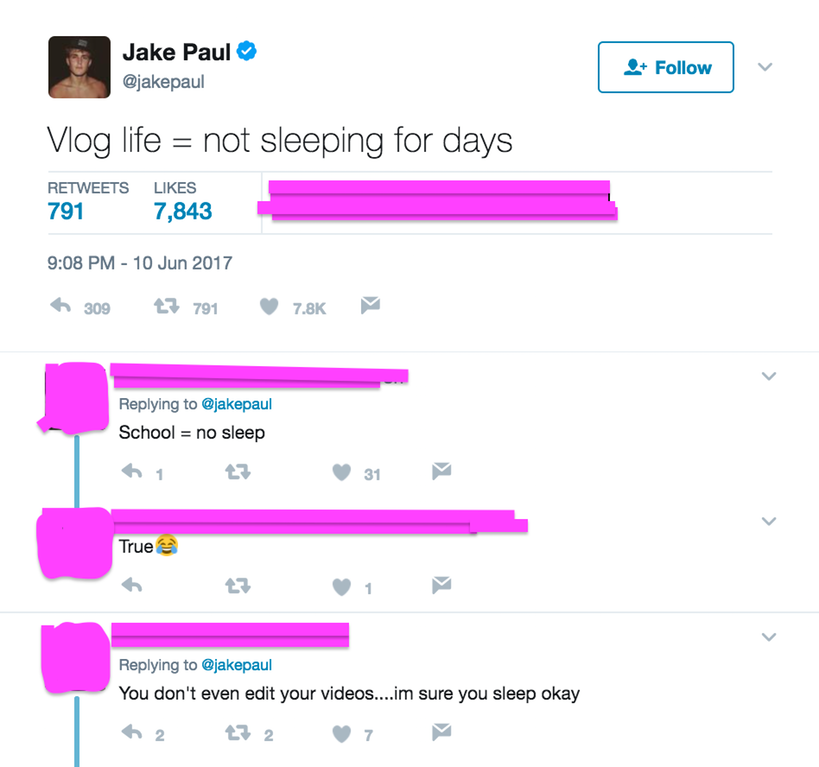Vlogger complains about not sleeping for days and someone points out he doesn't edit his videos, so should be just fine with time to sleep. BURN!