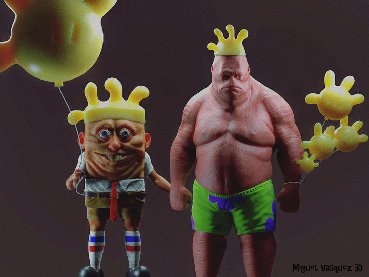 Miguel Vasquez renders SpongeBob SquarePants and Patric as real life party with hand shaped balloons.