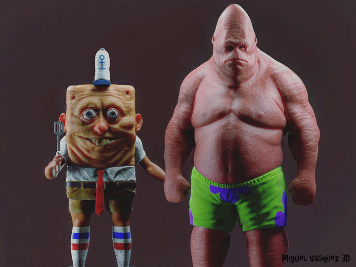 Spongebob SquarePants and Patrick holding hands in eerie rendering by Miguel Vasquez