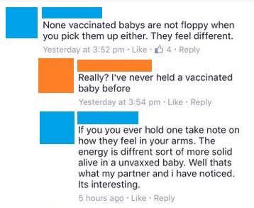 Woman saying that vaccinated babies feel different