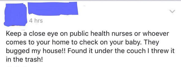 Facebook post by someone paranoid about public health nurses.