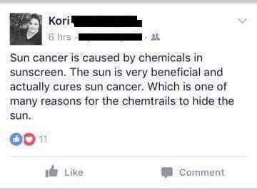 Woman on Facebook explaining how sun cancer really works and that sun screen is bad