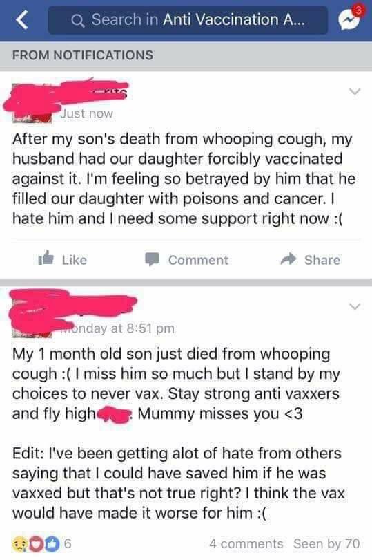 Anti Vax mom posts on Facebook that she is angry at her husband for vaccinating their daughter after her 1 month old son died of whooping cough and she stands by her decision not understanding it would have saved his life.