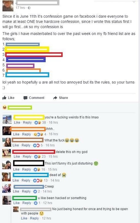 man on facebook lists all the girls he nutted off to and they do not seem to like it