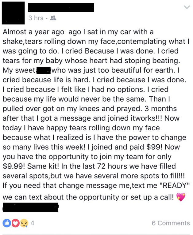 Facebook post that starts as a child died and turns into a sales pitch
